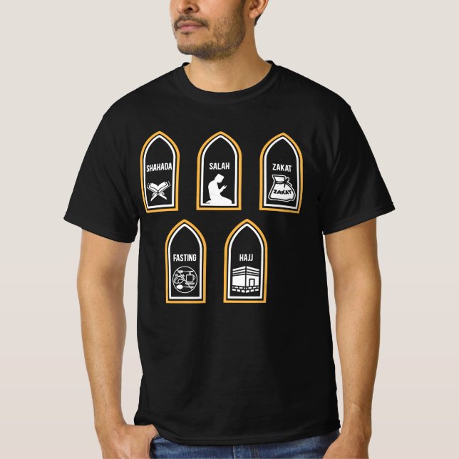 Camiseta Shahada Salah Zakat Fasting Hajj Islam Religião Mu (Frente)