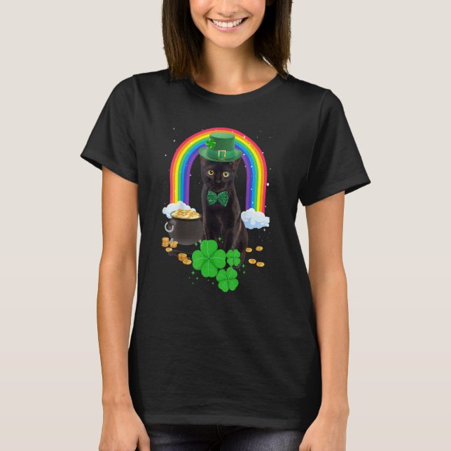 Camiseta Shamr de Dia de São Patrício de Gato Preto (Frente)