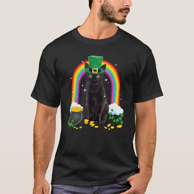 Camiseta Shamr de Dia de São Patrício de Gato Preto (Frente)