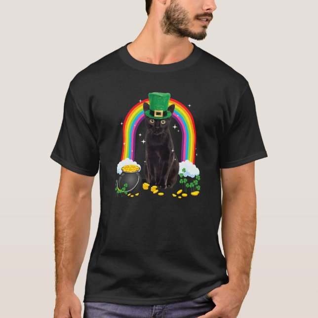 Camiseta Shamr de Dia de São Patrício de Gato Preto (Frente)
