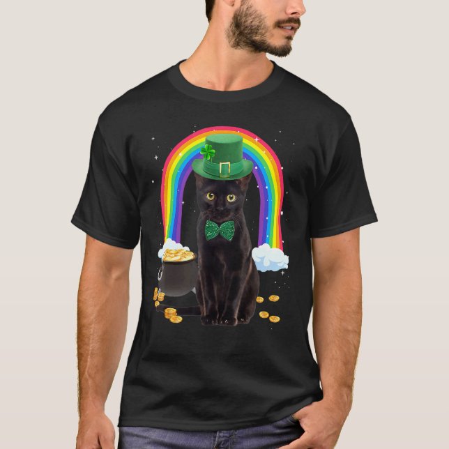 Camiseta Shamr de Dia de São Patrício de Gato Preto (Frente)