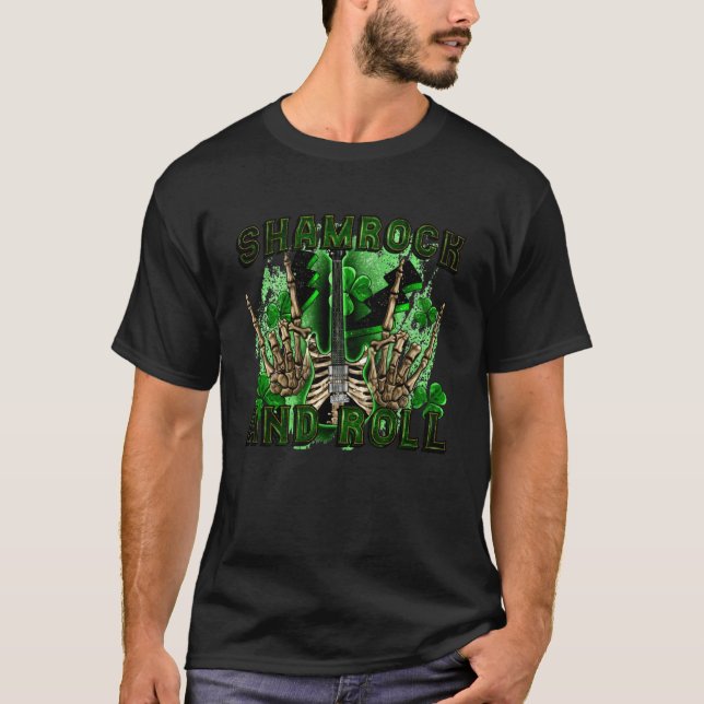 Camiseta Shamrock and Roll Skeleton Guitar St Patricks West (Frente)