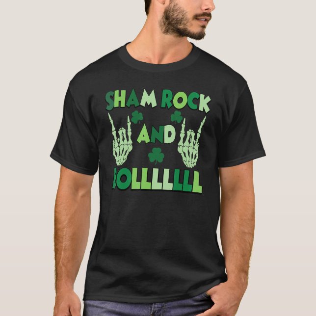 Camiseta Shamrock E Roll Skeleton Mãos Rua De Rocker Patric (Frente)