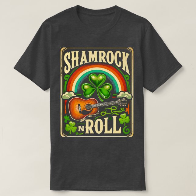 Camiseta Shamrock n Roll Guitar Dia de São Patrício Men K (Frente do Design)