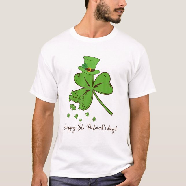 Camiseta Shamrock Quebra-cabeça Autismo Dia de São Patrício (Frente)