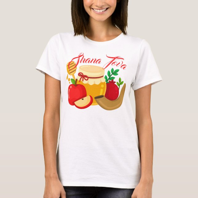 Camiseta Shana Tova com Maçãs, Mel, Pomegranato (Frente)
