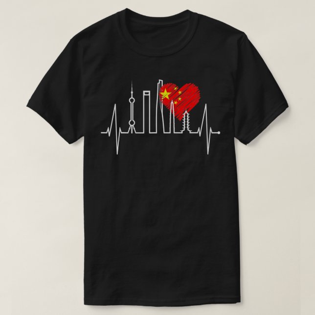 Camiseta Shanghai Skyline Heartbeat Heart China Asia I Love (Frente do Design)