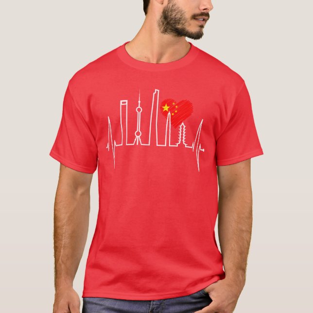 Camiseta Shanghai Skyline Heartbeat Heart China I Love Asia (Frente)