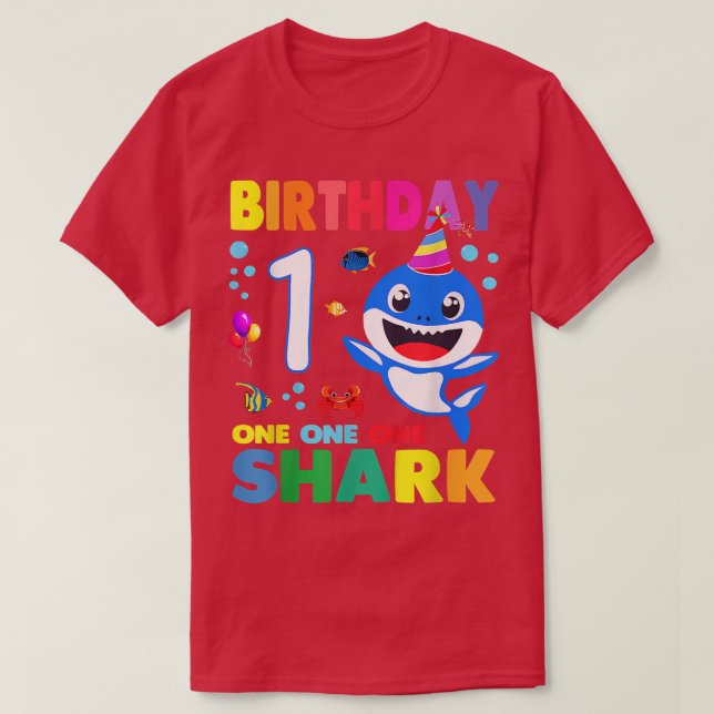 Camiseta Shark Birthday 1 Anos primeiro aniversario Boy Mat (Frente do Design)