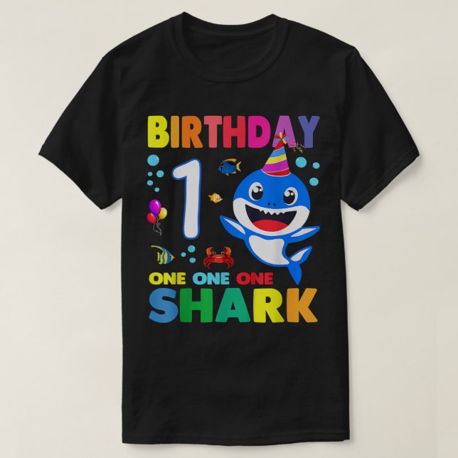 Camiseta Shark Birthday 1 Anos primeiro aniversario Boy Mat (Frente do Design)