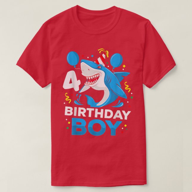 Camiseta Shark Birthday 4 Years Old 4th Birthday Matching F (Frente do Design)