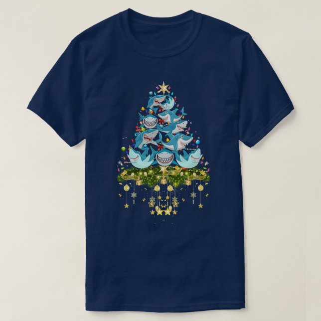 Camiseta Shark Christmas Tree Lights Holiday Shark Xmas (Frente do Design)