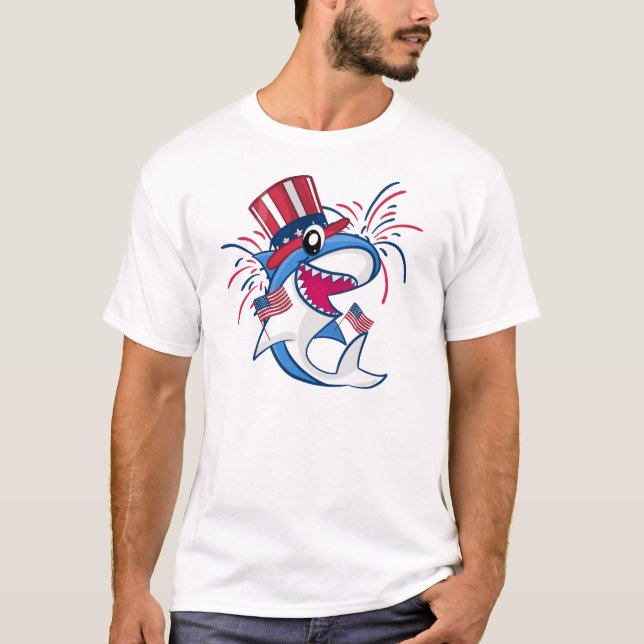 Camiseta Shark Patriótico Azul Branco Vermelho 4 de julho (Frente)