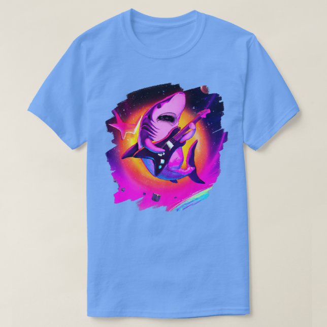 Camiseta Shark Playing Guitar in Space Outer Space Sharks (Frente do Design)