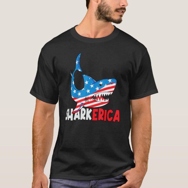 Camiseta Sharkerica Shark 4 De Julho Bandeira Americana Jaw (Frente)