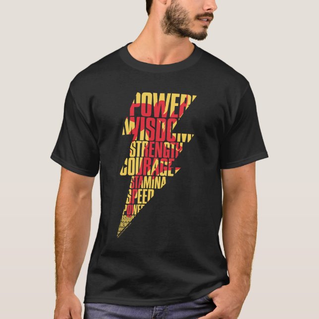 Camiseta SHAZAM! | Capacidades de Shazam — Gráfico de Relâm (Frente)