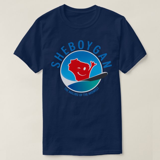 Camiseta Sheboygan O Malibu da Circular do Meio-Oeste Azul (Frente do Design)