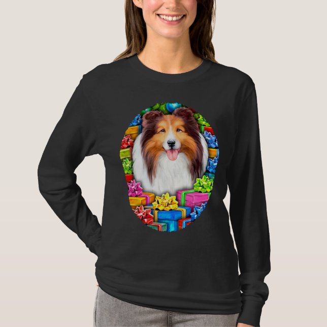 Camiseta Sheltie Christmas Open Gifs Sable (Frente)