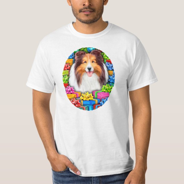 Camiseta Sheltie Christmas Open Gifs Sable (Frente)
