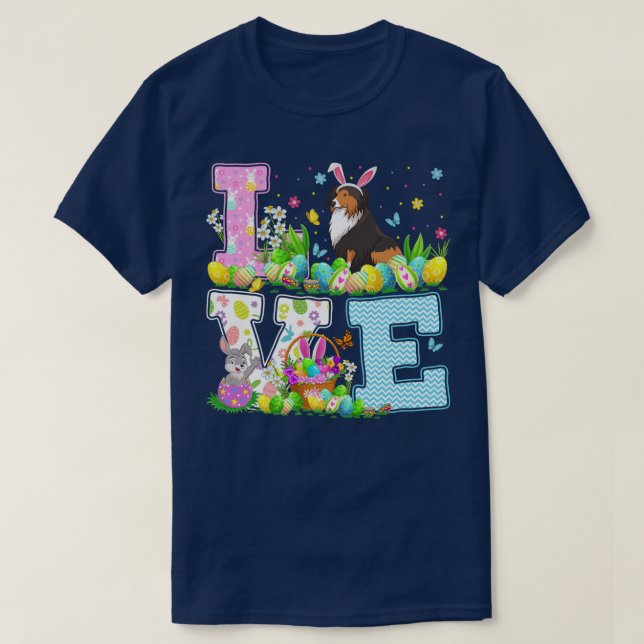 Camiseta Sheltie Dog Easter Ovo Hunt Funny Love Sheltie Eas (Frente do Design)
