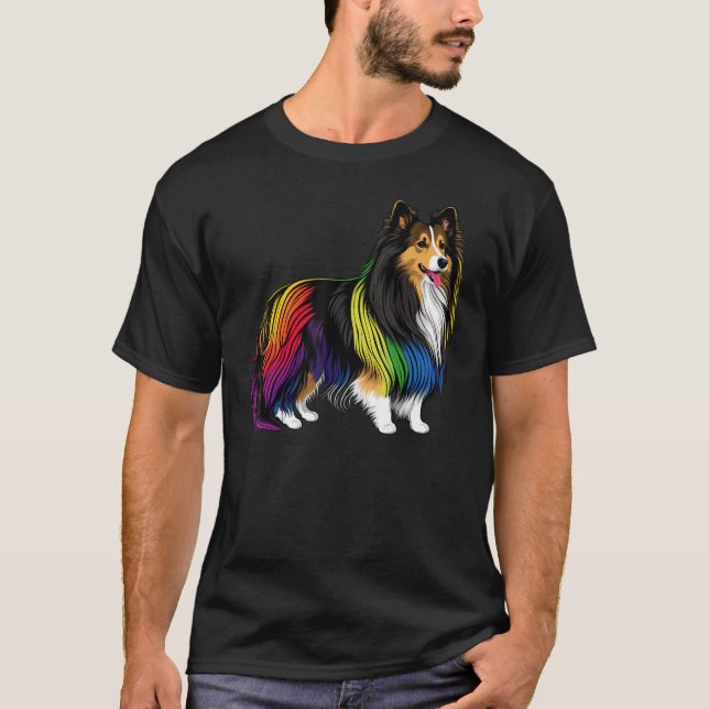 Camiseta Shetland Sheepdog Gay Pride LGBT Rainbow Flag Shel (Frente)