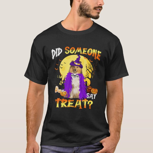 Camiseta Shetland Sheepdog Halloween Alguém Disse Tratar (Frente)