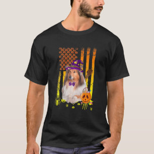 Camiseta Shetland Sheepdog Pumpkin American Flag Halloween