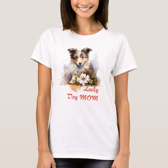 Camiseta Shetland Sheepdog Puppy Pet Watercolor Fllower (Frente)