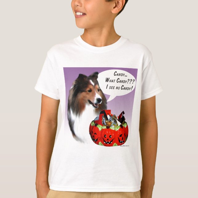 Camiseta Shetland Sheepdog (Sable) - Doces do Halloween (Frente)