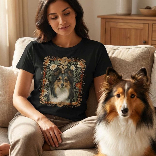 Camiseta Shetland Sheepdog Sheltie Vintage William Morris (Criador carregado)
