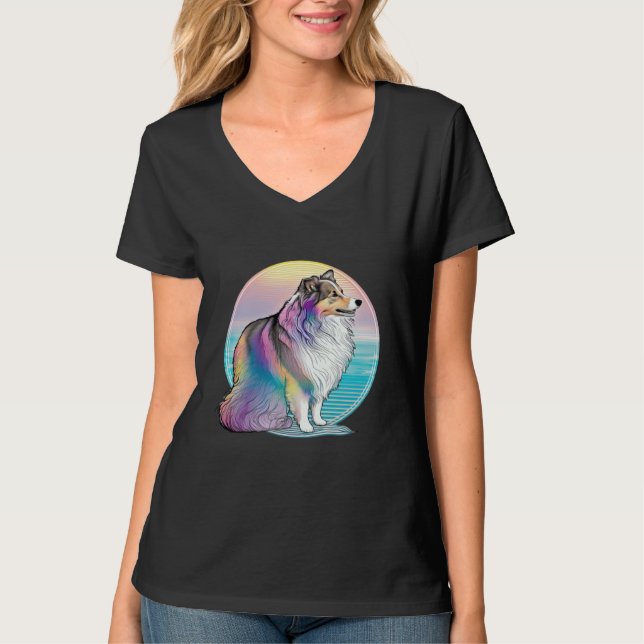 Camiseta Shetland Sheepdog Vaporwave Retrowave Aesthetic (Frente)