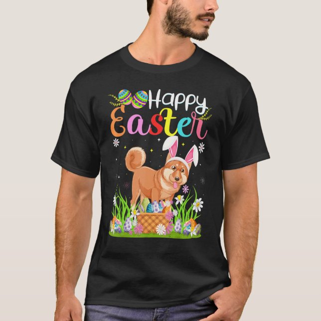 Camiseta Shiba Inu Cachorro Coelho Ovo Caçando Shiba Inu Ha (Frente)