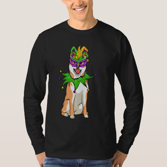 Camiseta Shiba Inu Cachorro Mardi Gras Máscara O Bead Engra (Frente)
