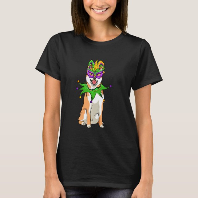 Camiseta Shiba Inu Cachorro Mardi Gras Máscara O Bead Engra (Frente)