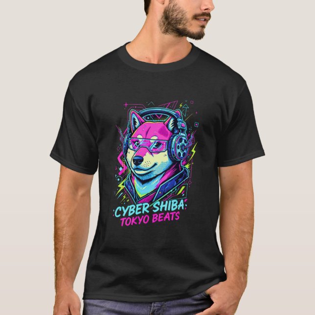Camiseta Shiba Inu Cassette DJ - Neon Cyberpunk Tokyo (Frente)