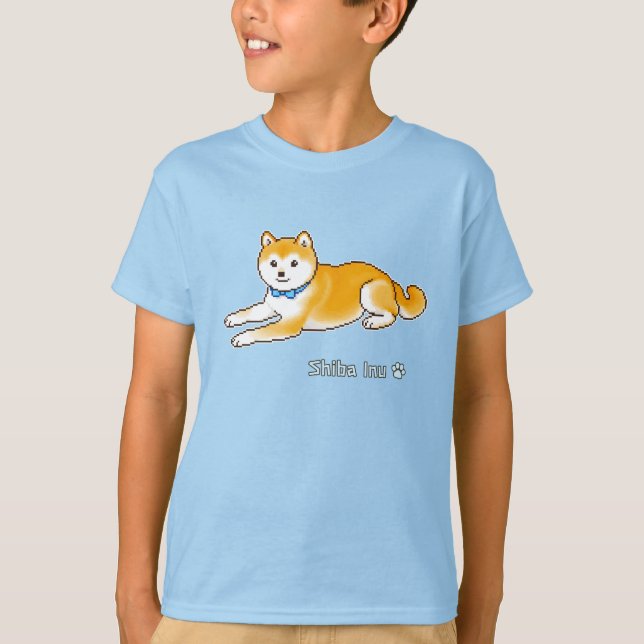 Camiseta Shiba Inu Com Uma Arte De Pixel Azul Leve (Frente)