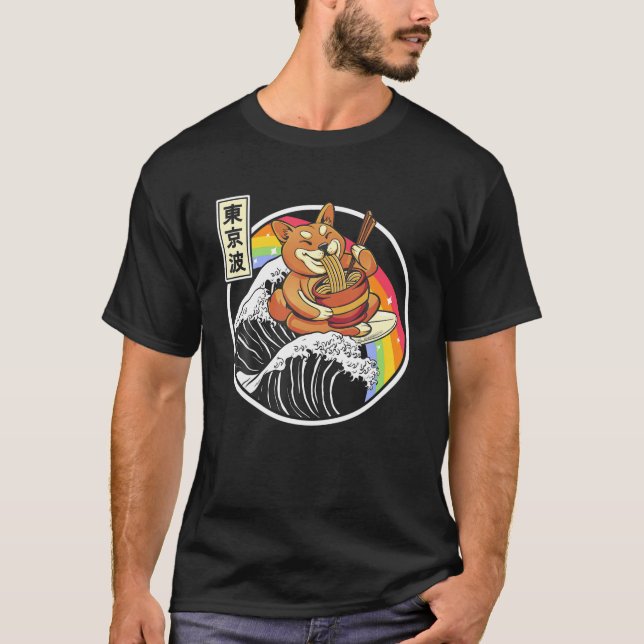 Camiseta Shiba Inu Comendo Ramen Navegando em Kanagawa no J (Frente)