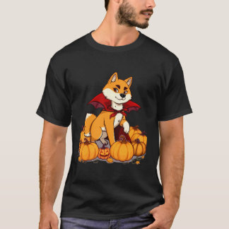 Camiseta Shiba Inu de Halloween com Cape de Vampiro e Abóbo