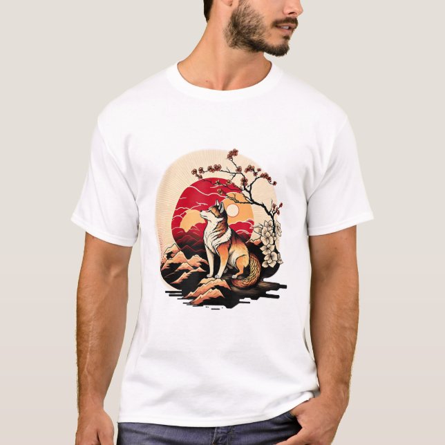 Camiseta Shiba Inu Dog Sunset Ukiyo e Style (Frente)