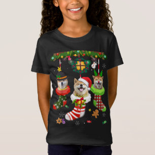 Camiseta Shiba Inu Em Meias De Natal Santa Hat Luzes De Nat