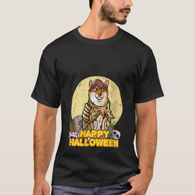 Camiseta Shiba Inu Happy Halloween Figurume Zombie V Neck (Frente)