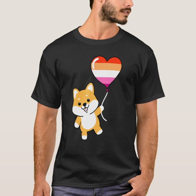 Camiseta Shiba Inu Heart Balloon Orange Pink Lésbica 1 (Frente)