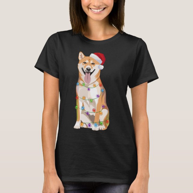 Camiseta Shiba Inu Natal Luz Xmas Cachorro Papais noeis Ha (Frente)