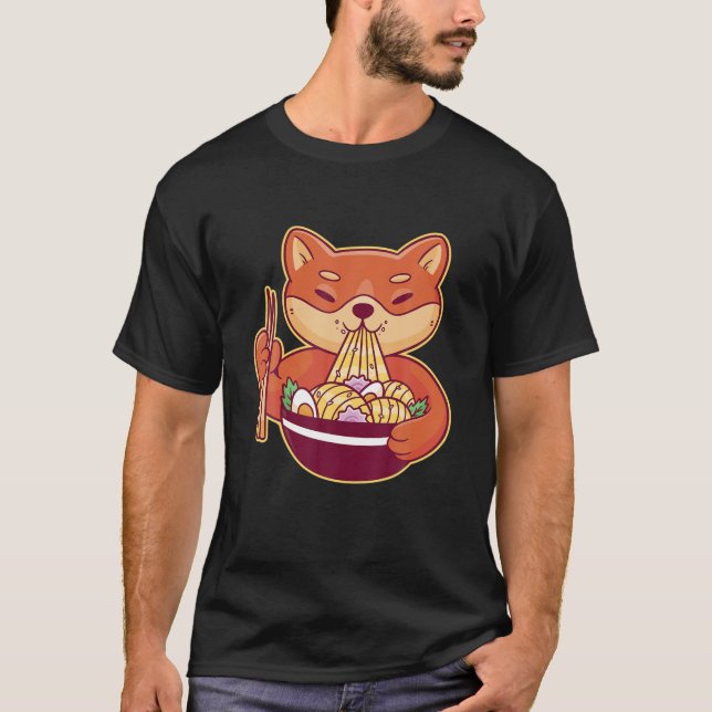 Camiseta Shiba Inu Ramen Japonês Comendo Ramen Noodles (Frente)