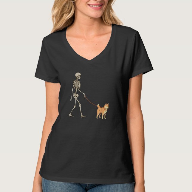 Camiseta Shiba Inu Skeleton Dog Walking Halloween Dog (Frente)