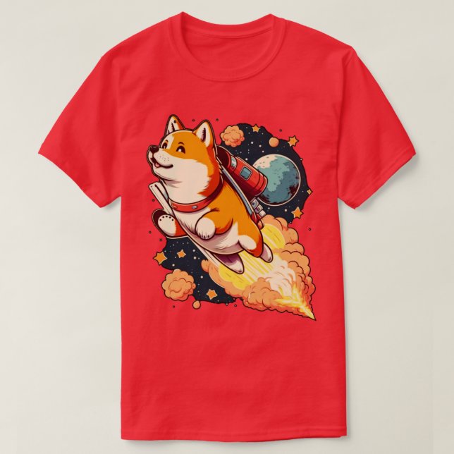 Camiseta shiba inu voando para o espaço com um foguete (Frente do Design)