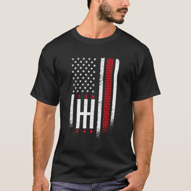 Camiseta Shift Mechanical Gears Race Carro American Flag 4  (Frente)