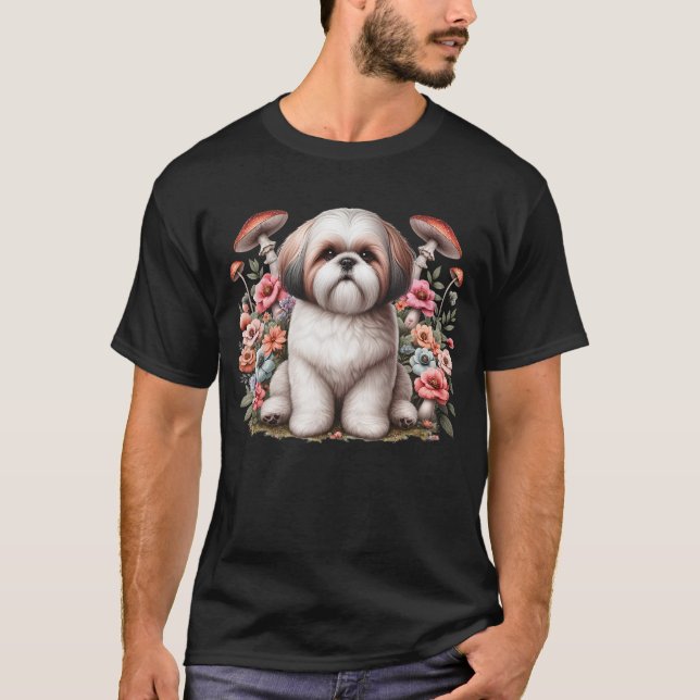 Camiseta Shih Tzu Aestético Mushroom Floral para Meninas (Frente)