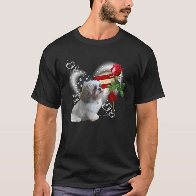 Camiseta Shih Tzu American Flag Heart Rosa Flor - Shih Tz (Frente)