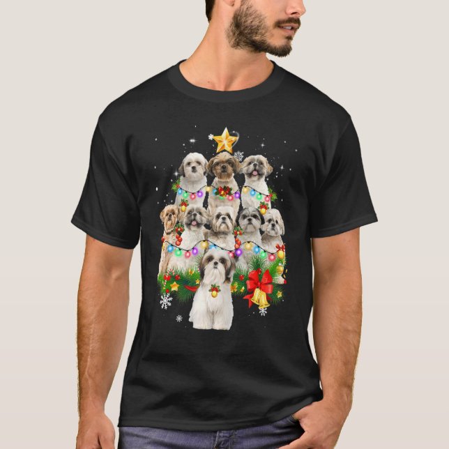 Camiseta Shih Tzu Christmas Dog Tree Luz a Família de Pijam (Frente)